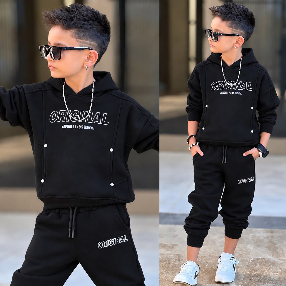Schwarzer Jungen-Jogginganzug „Original“ am Model mit weißem Schriftzug auf Hoodie und Jogginghose