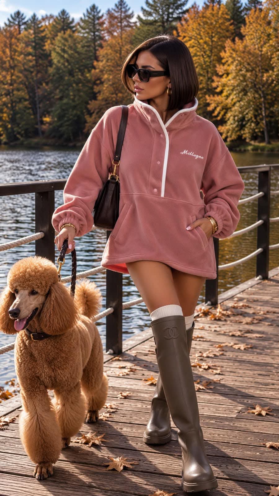 MILLAGRO ASPEN Damen-Velours-Pullover in Rosa mit hohem Stehkragen, heller Kontrastpaspel und Kängurutasche.