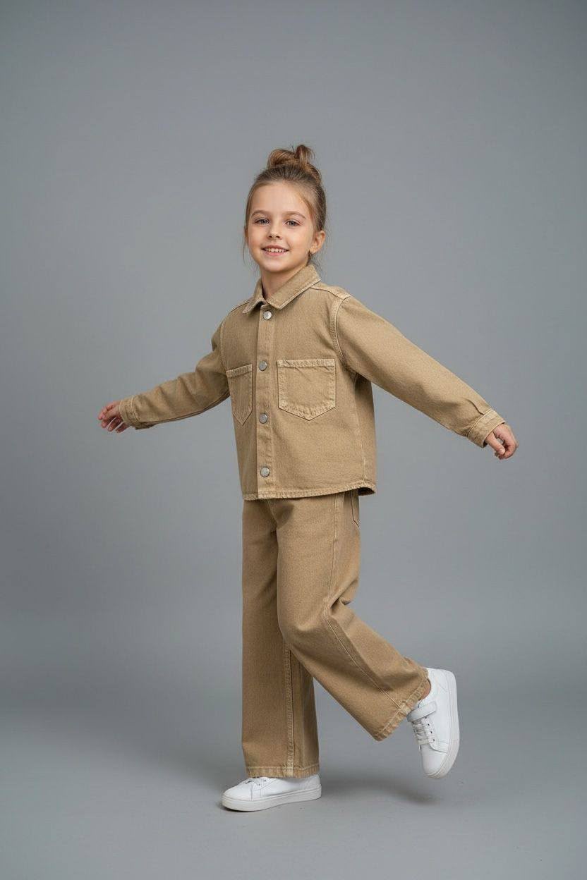 Mädchen trägt camelfarbendes 2-teiliges Kinder-Set mit Jeansjacke und Wide-Leg-Hose – Frontansicht | Kleiderli