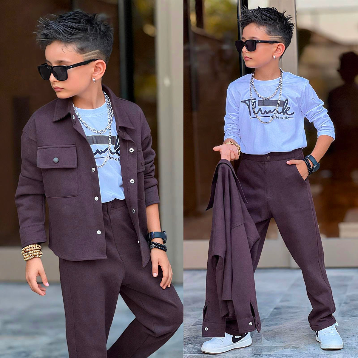 3-teiliges Jungen-Set mit Hemdjacke Braun – Gesamtlook