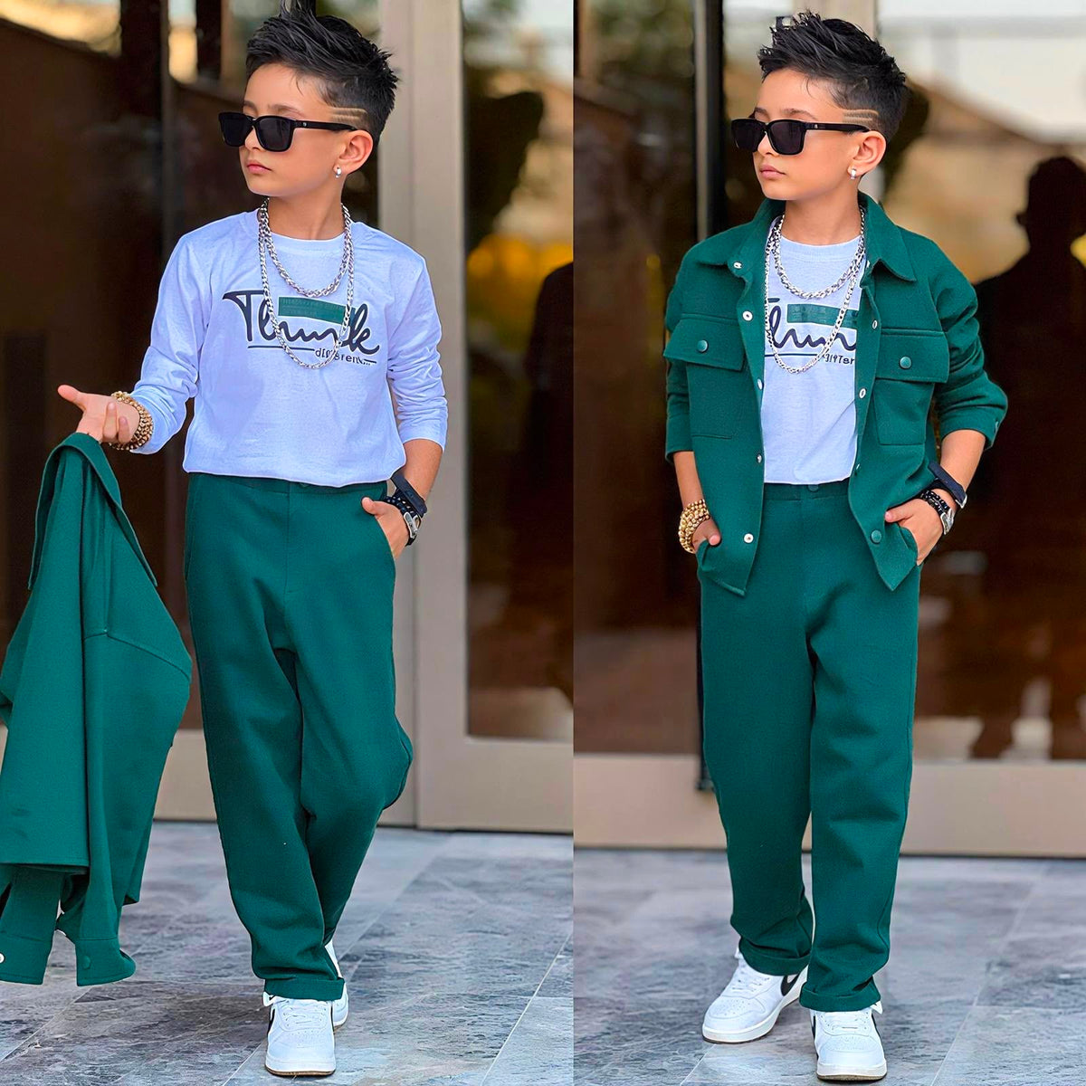3-teiliges Jungen-Set mit Hemdjacke in Grün – Frontansicht