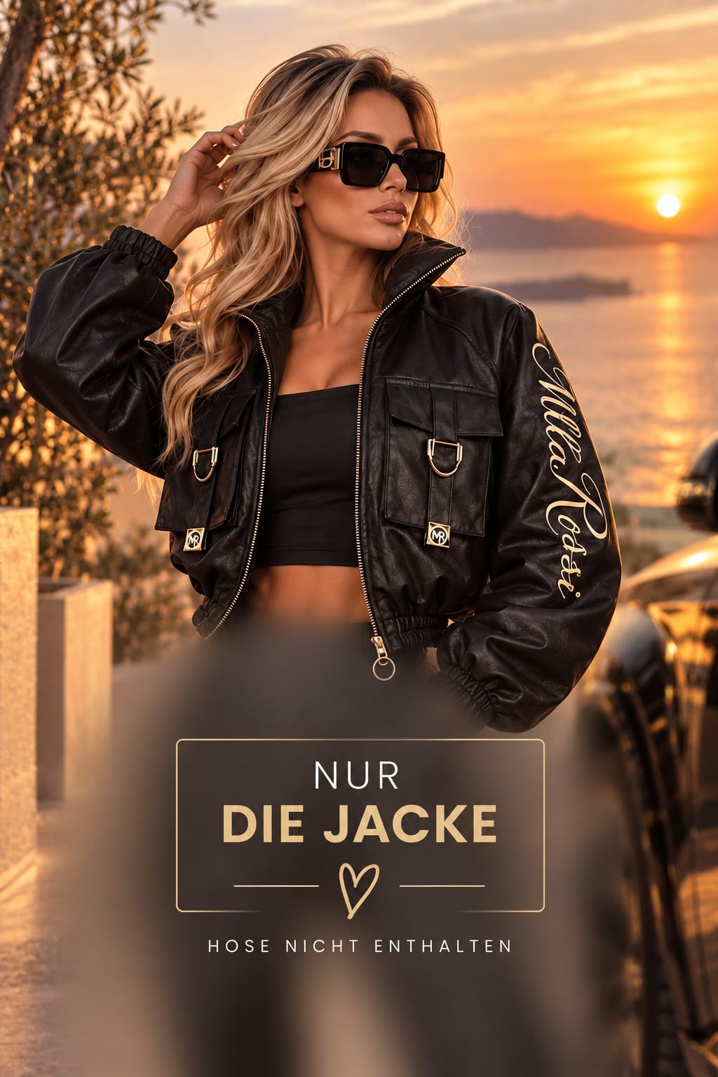 Milla Rossi Jacke in Lederoptik, Detail der Brusttaschen mit goldfarbenen Metallringen