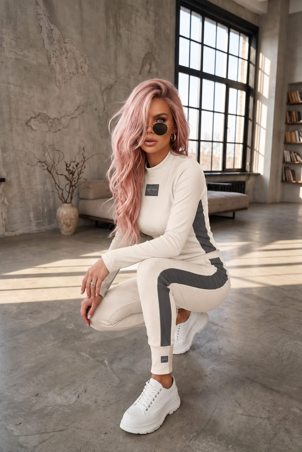 Laki Couture Ripp-Set in Creme und Grau, Seitenansicht
