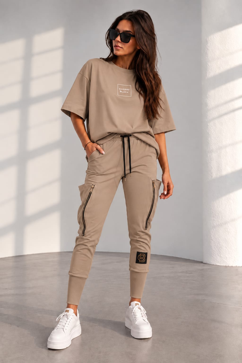 Cargo-Jogger für Damen in Beige, Detailansicht der Bündchen am Beinabschluss