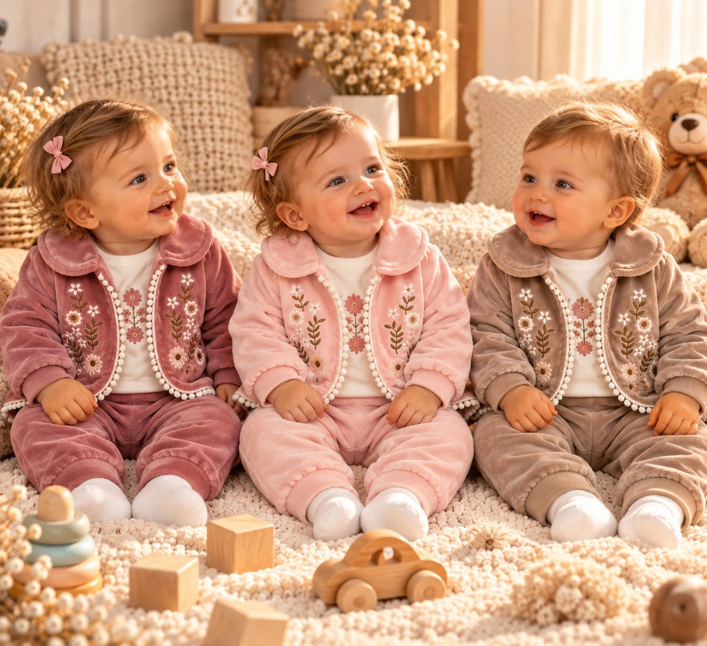 Dreiteiliges Baby-Set Little Blossom mit Jäckchen, Body und Hose in drei Farben.