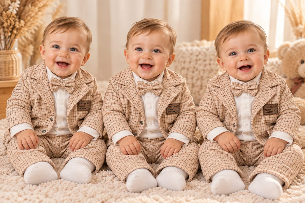 Babys tragen beige  Little Gentleman-Anzuge mit kariertem Sakko und Fliege