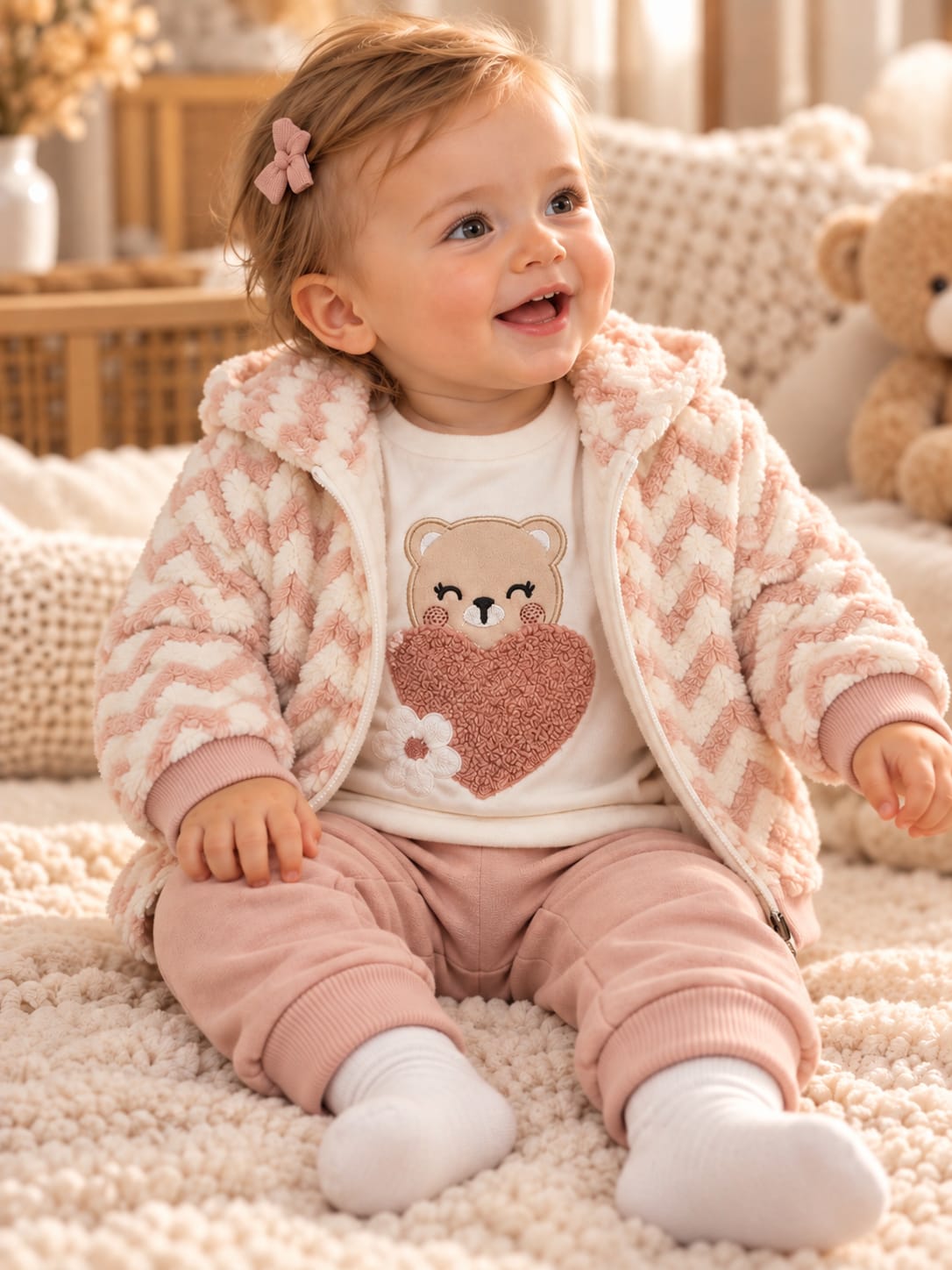Baby-Set Sweet Bear mit Zickzack-Kapuzenjacke und Oberteil mit Bären- und Herzapplikation