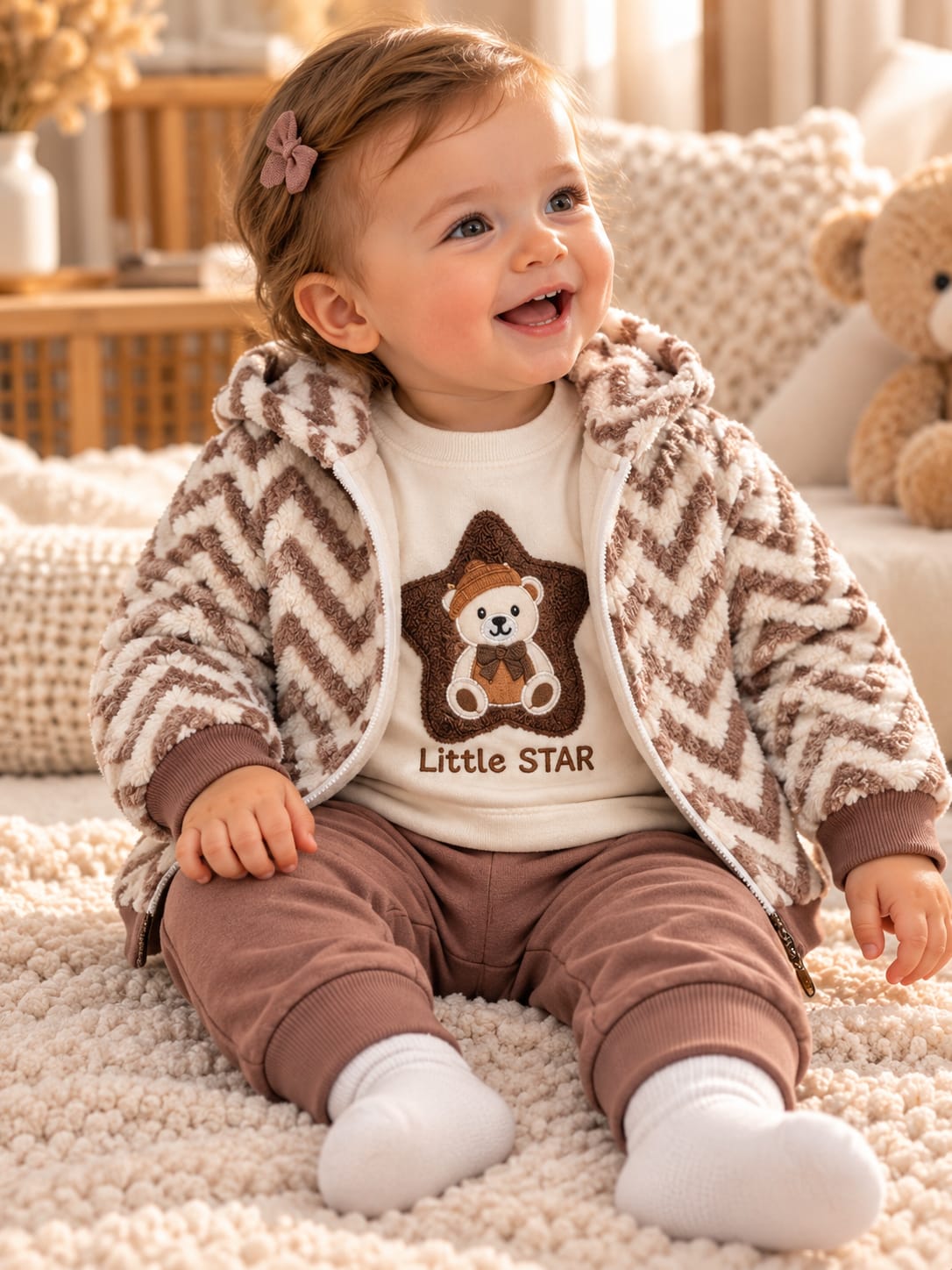 3-teiliges Baby-Set Little Star in Creme-Braun mit Teddy-Kapuzenjacke, Oberteil und Hose