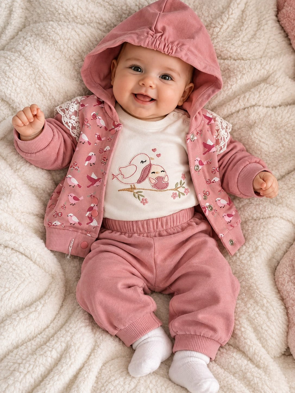 Dreiteiliges Baby-Mädchen-Set in Altrosa und Creme mit Kapuzenjacke, Body und Hose