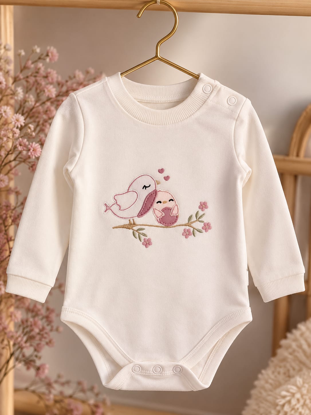Cremefarbener Baby-Body mit Vögelchenmotiv und kleinen Blüten