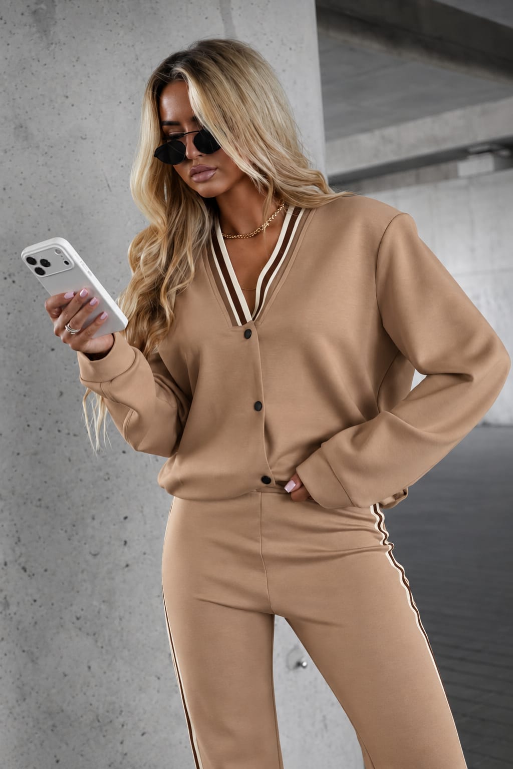 La Blanche Sporty Chic Damen-Set mit V-Ausschnitt, Knopfleiste und weiter Hose mit seitlichen Kontraststreifen in Hellbraun