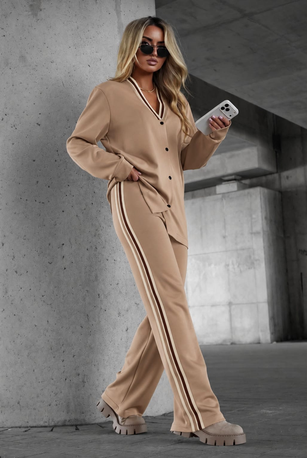 La Blanche Sporty Chic Damen-Set mit V-Ausschnitt in Hellbraun