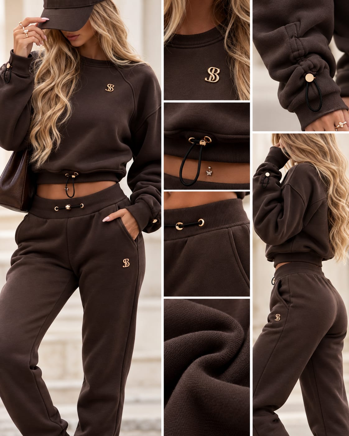 Braunes Damen Sweat Set im Überblick: Sweater, Hose, Logo-Details und Tunnelzüge in einer Collage