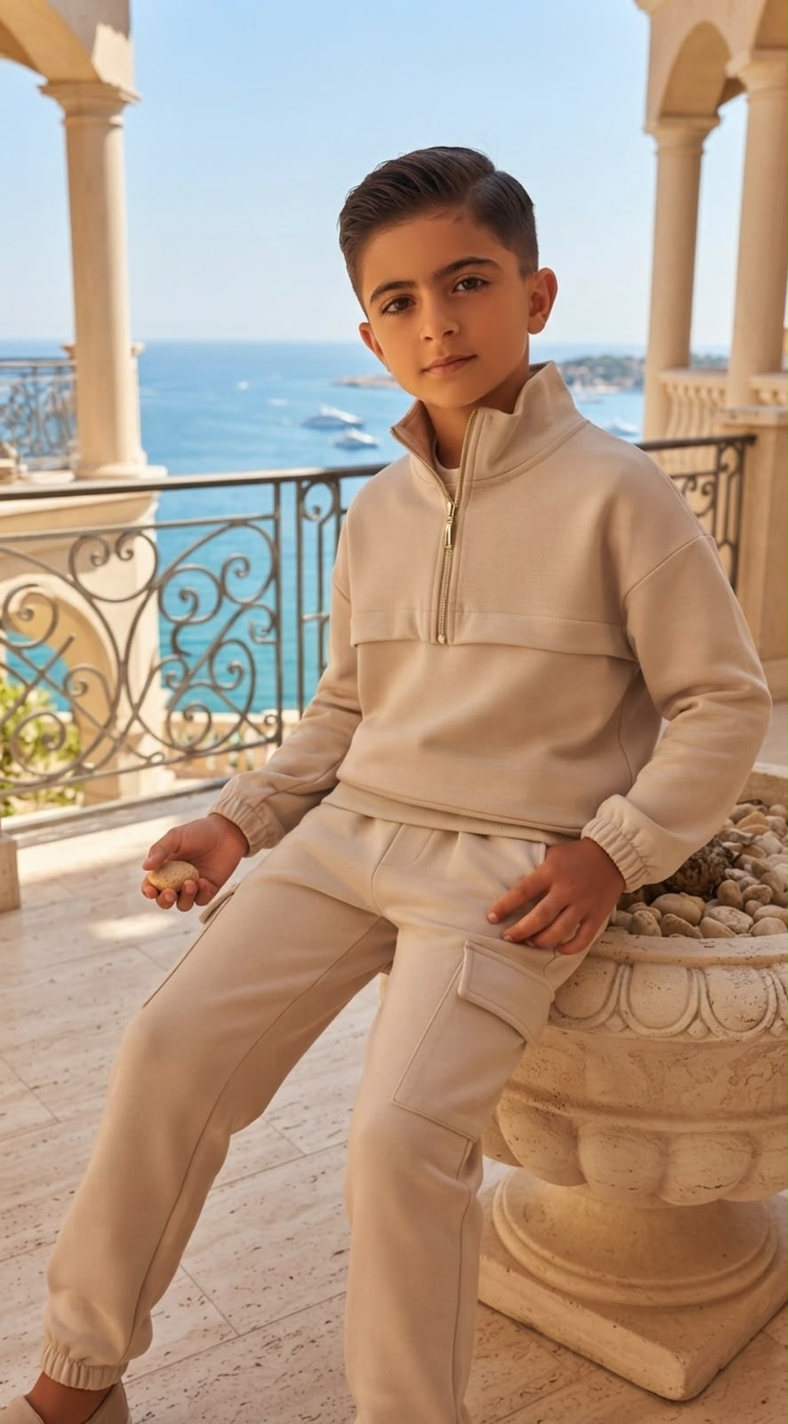 Junge trägt ein beiges Unisex-Cargo-Set mit Zipper-Sweatshirt, Cargo-Hose und elastischen Beinabschlüssen