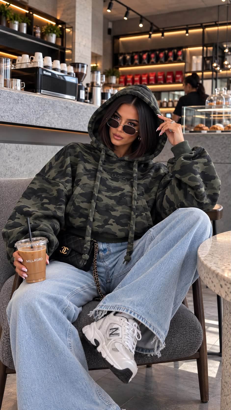 MILLAGRO MONROU Hoodie in Dunkeloliv Camouflage mit aufgesetzter Kapuze und Kängurutasche, kombiniert mit heller Jeans.