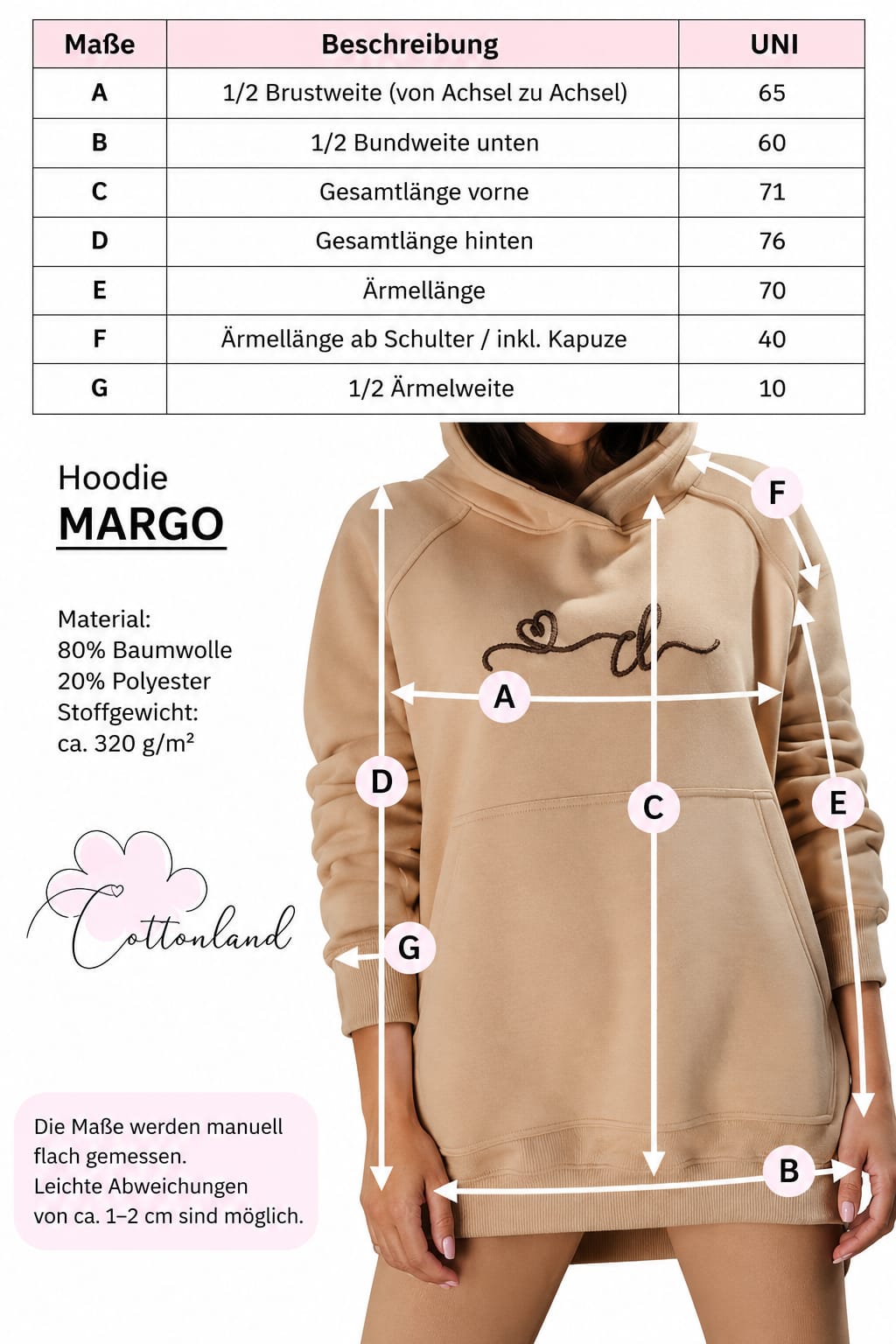 Größentabelle für den COTTONLAND Hoodie MARGO in Einheitsgröße mit Maßskizze und Materialangabe: 80 % Baumwolle, 20 % Polyester