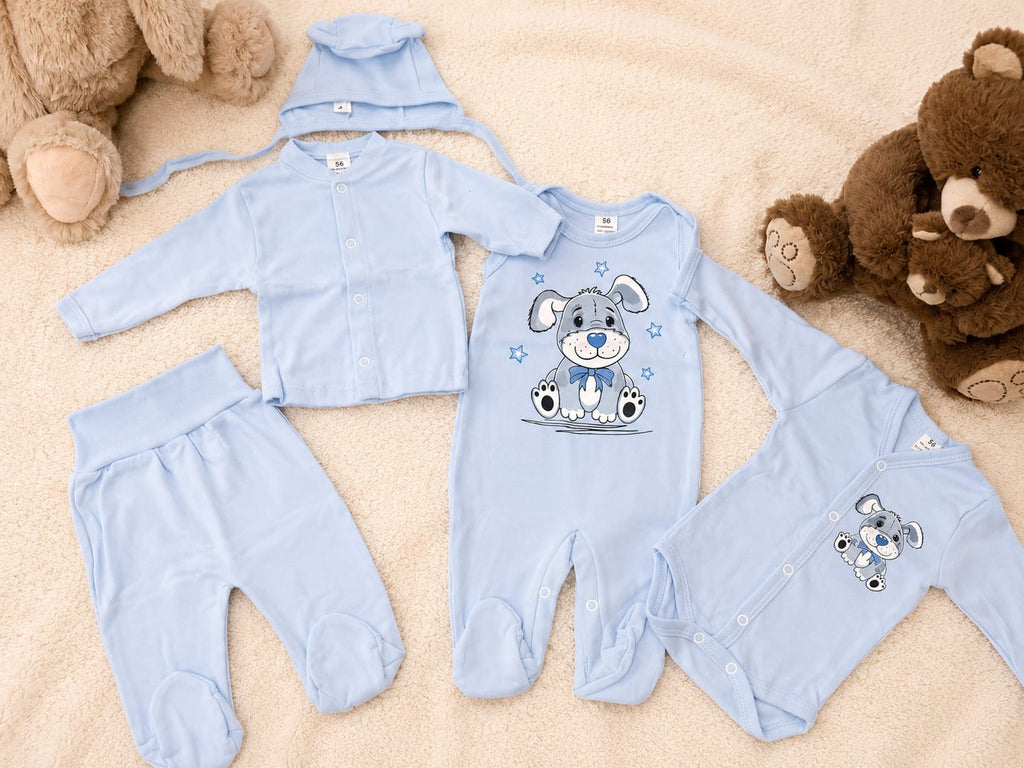 5-teiliges Baby-Set Hellblau  – Jäckchen, Hose, Strampler, Body und Mütze mit süßem Hündchen-Motiv