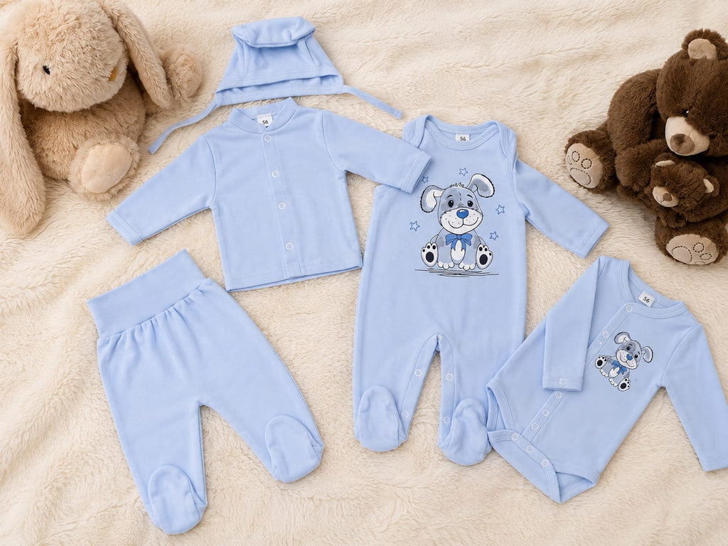 5-teiliges Baby-Set in Hellblau mit Hündchen-Motiv 