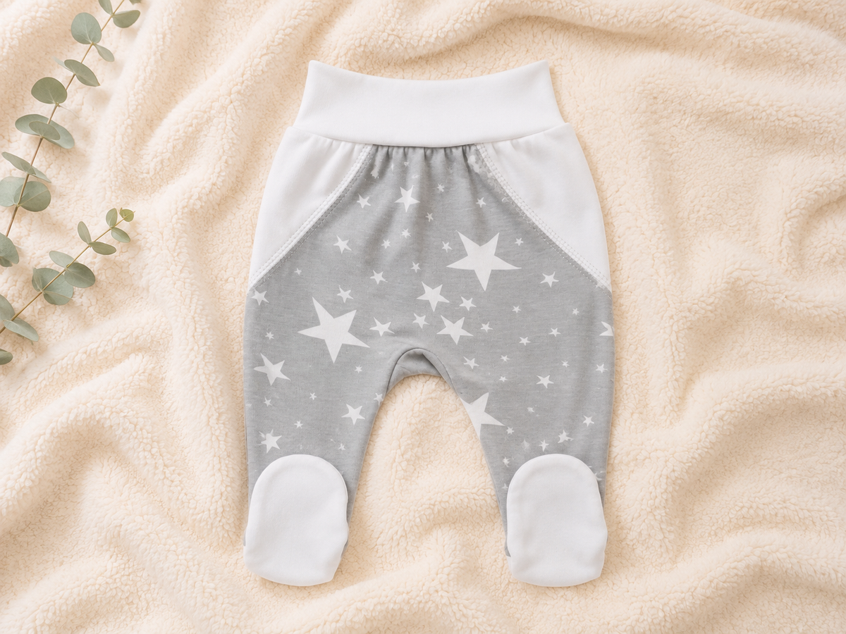 Baby-Hose mit Fuß Moon Bear – grau mit Sternenmuster, Rückansicht mit weißem Bund und Fußteil