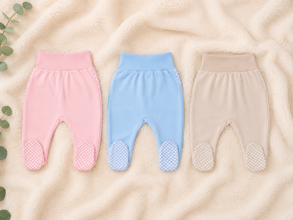 Baby-Hose mit Fuß Little Bear in Rosa, Blau und Beige mit breitem Rippenbund und Karo-Fußteil