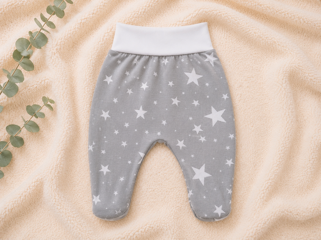Baby-Hose mit Fuß, grau mit weißem Sternenmuster und weißem Rippenbund, Vorderansicht