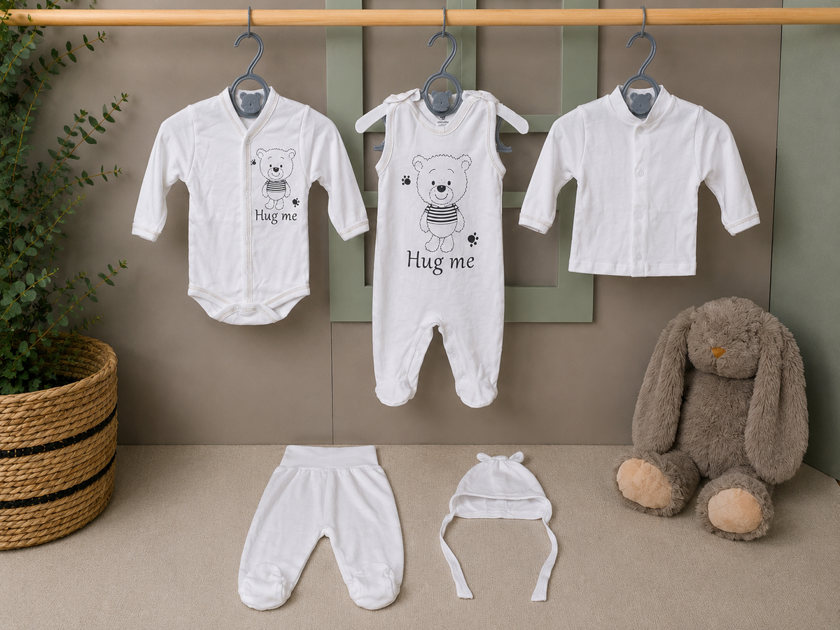 5-teiliges Babyset Hug me, Body, Strampler, Jäckchen, Hose & Mütze aus 100% Baumwolle