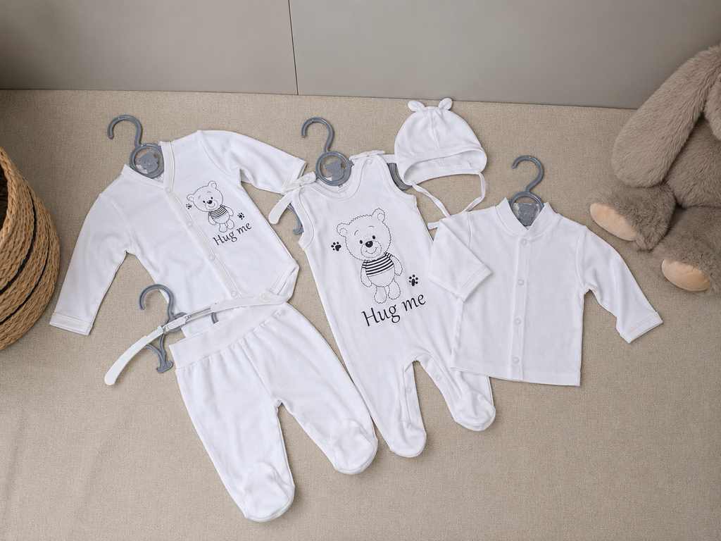 5-teiliges Babyset Hug me, Body, Strampler, Jäckchen, Hose & Mütze aus 100% Baumwolle