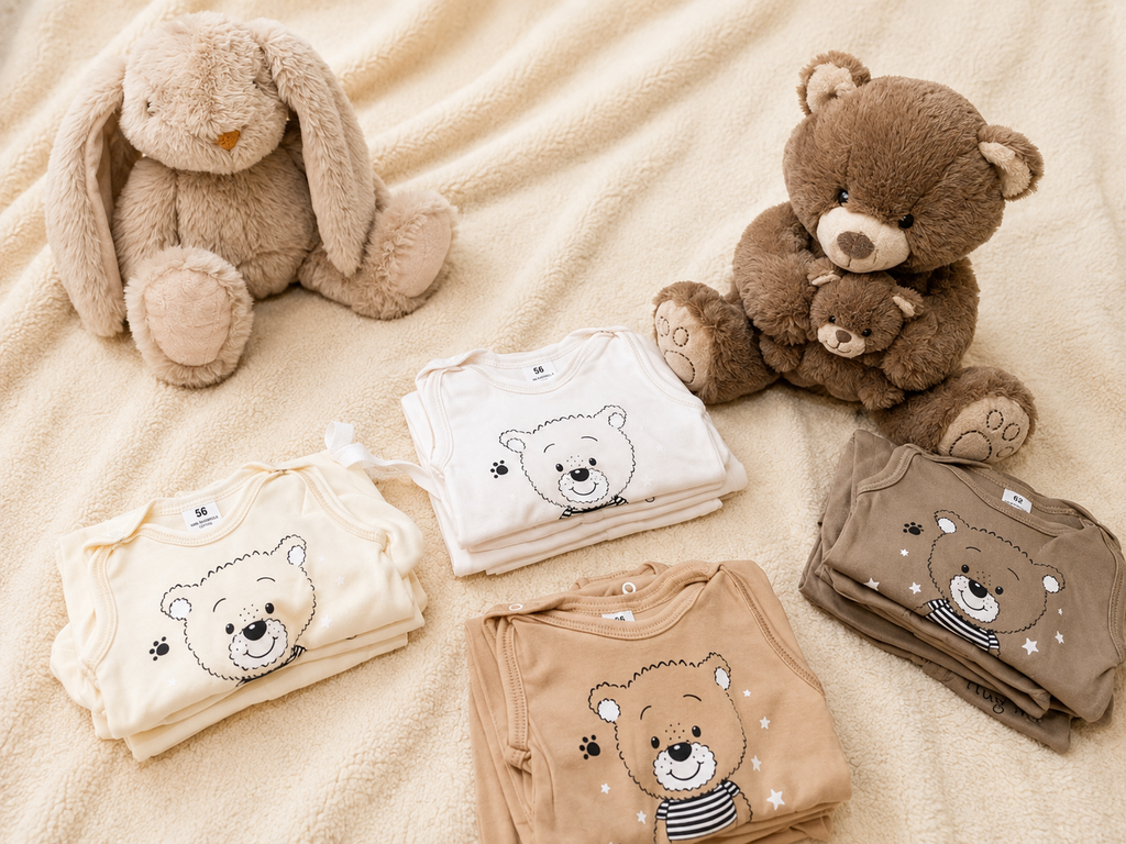 5-teiliges Babyset Hug me in Weiß, Creme, Beige und Hellbraun – Bär-Motiv, 100% Baumwolle