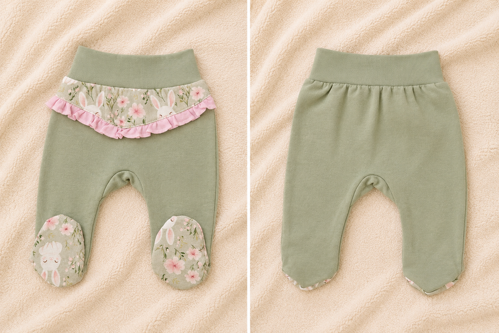 Baby-Hose mit Fuß Häschenliebe – Vorder- und Rückansicht, salbeigrün mit Häschen-Rüschenband