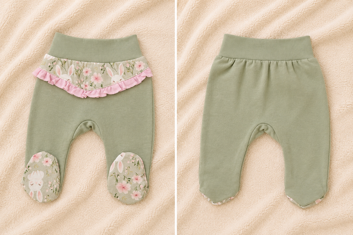Baby-Hose mit Fuß Häschenliebe – Vorder- und Rückansicht, salbeigrün mit Häschen-Rüschenband