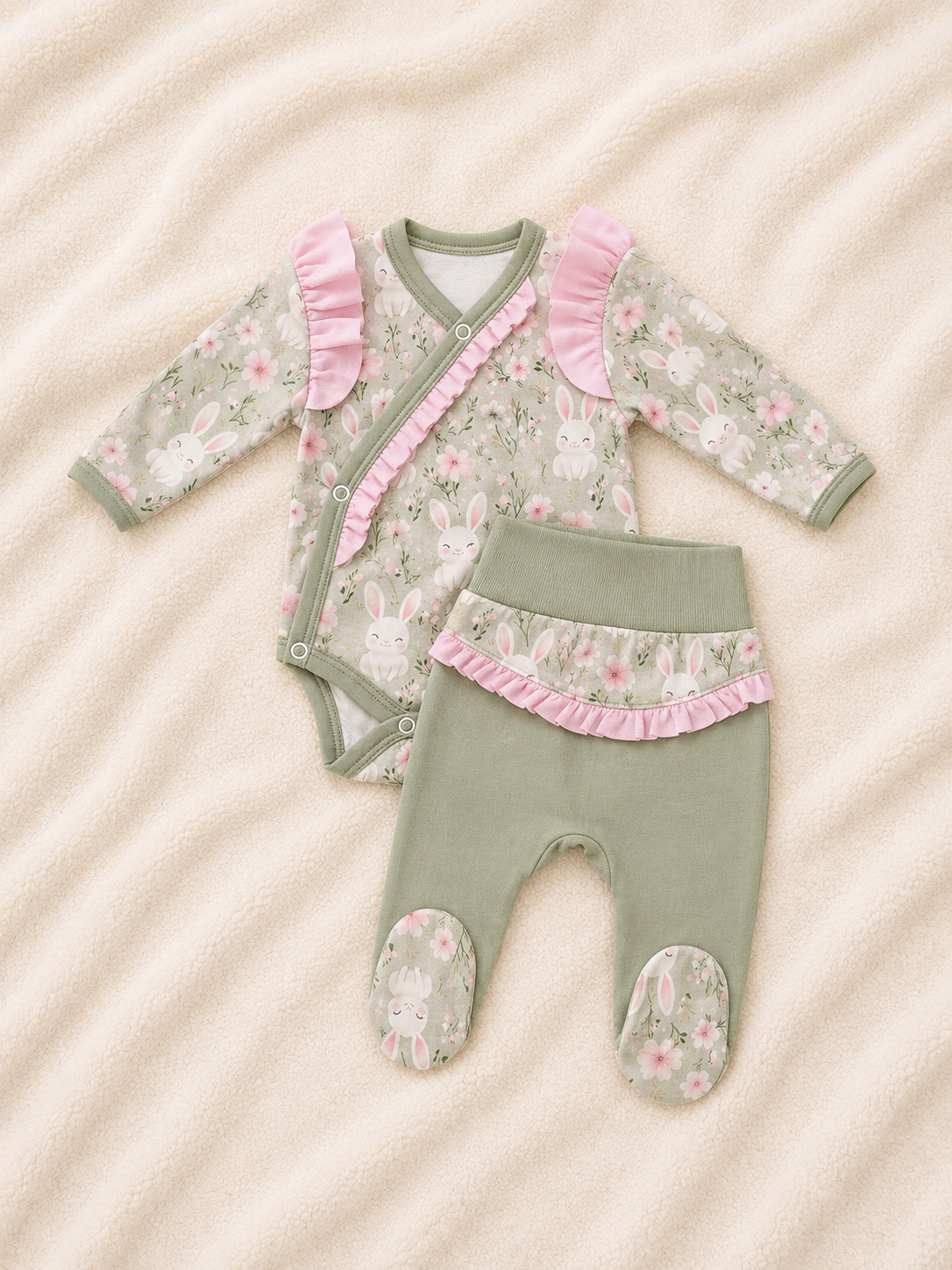 Baby-Set Häschenliebe in Salbeigrün mit Häschen-Print und rosa Rüschen