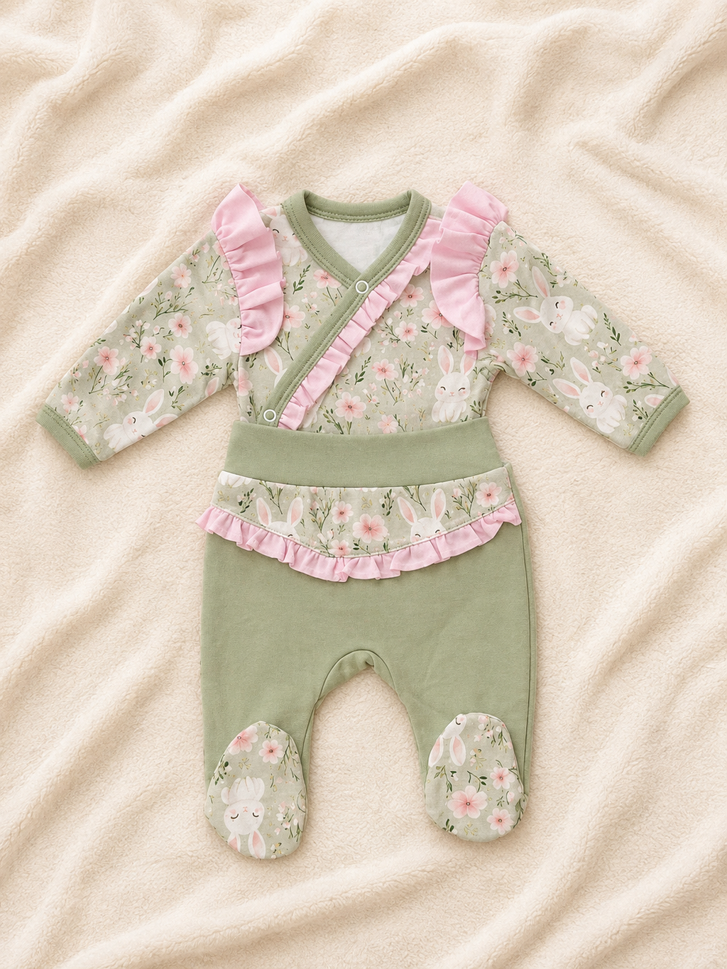 Baby-Set Häschenliebe – Wickelbody mit Rüschen und Hose mit Fuß
