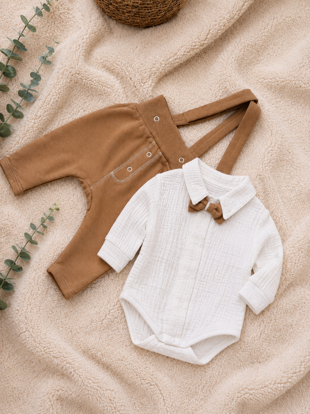 Baby-Set Musselin Body mit Fliege und Latzhose Camel