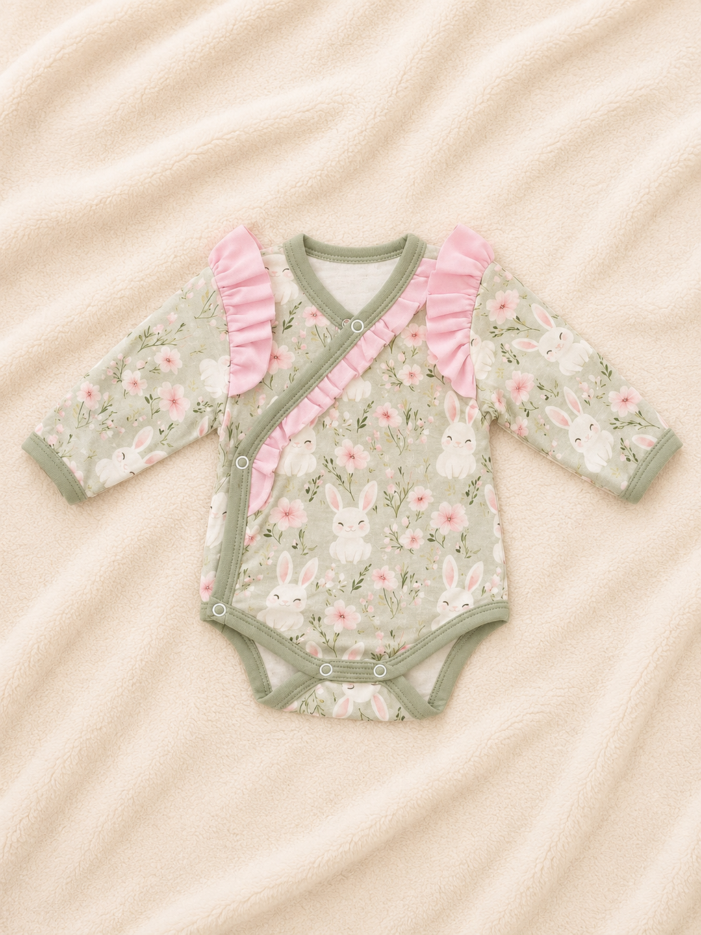 Baby-Wickelbody Häschenliebe mit Häschen-Print, rosa Rüschen und Druckknöpfen