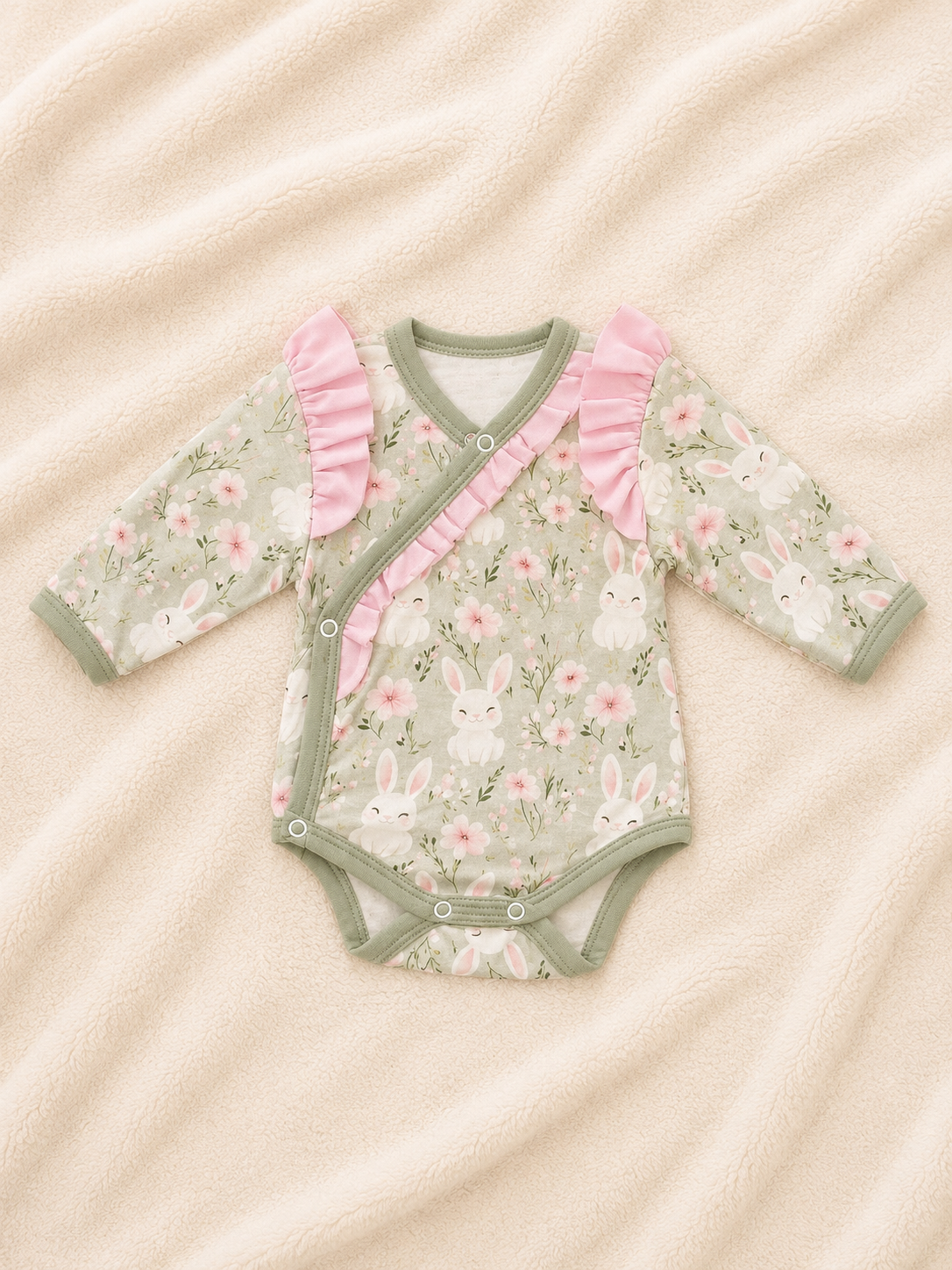 Baby-Wickelbody Häschenliebe mit Häschen-Print, rosa Rüschen und Druckknöpfen