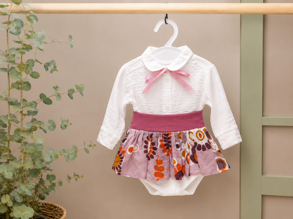Baby-Set Musselin Body-Rock Rosa Retro – weißer Musselin-Body mit rosa Schleife und Retro-Blumenrock