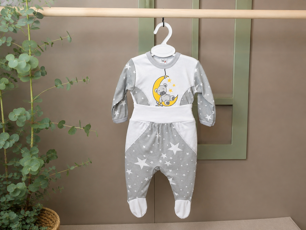 Baby-Set Moon Bear – grau-weißer Strampler mit Sternenmuster und Mond-Bär-Print