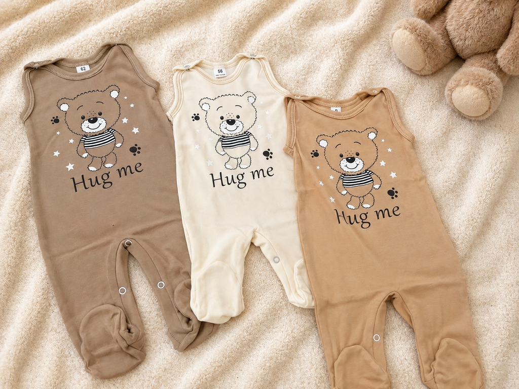 5-teiliges Babyset Hug me in Weiß, Creme, Beige und Hellbraun – Bär-Motiv, 100% Baumwolle
