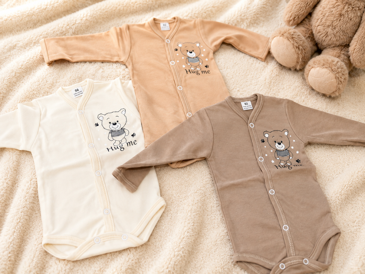 5-teiliges Babyset Hug me in Weiß, Creme, Beige und Hellbraun – Bär-Motiv, 100% Baumwolle