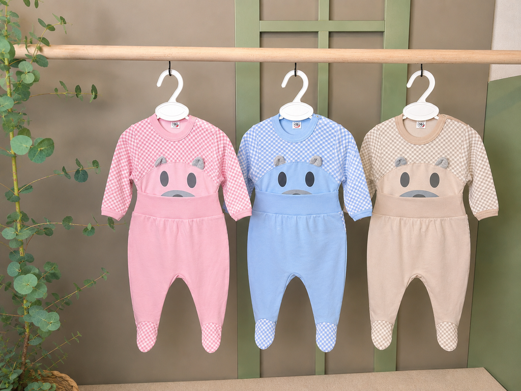 Baby-Set Little Bear – Strampler mit Fuß in Rosa, Blau und Beige mit Karo-Muster und Bären-Applikation, Vorderansicht