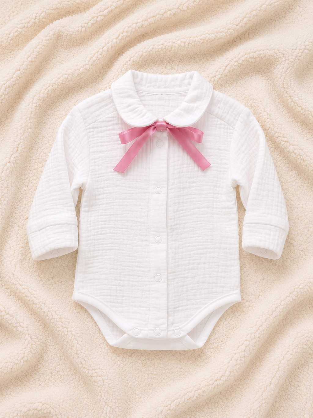 Baby-Musselin-Body in Weiß mit Peter-Pan-Kragen und rosa Schleife
