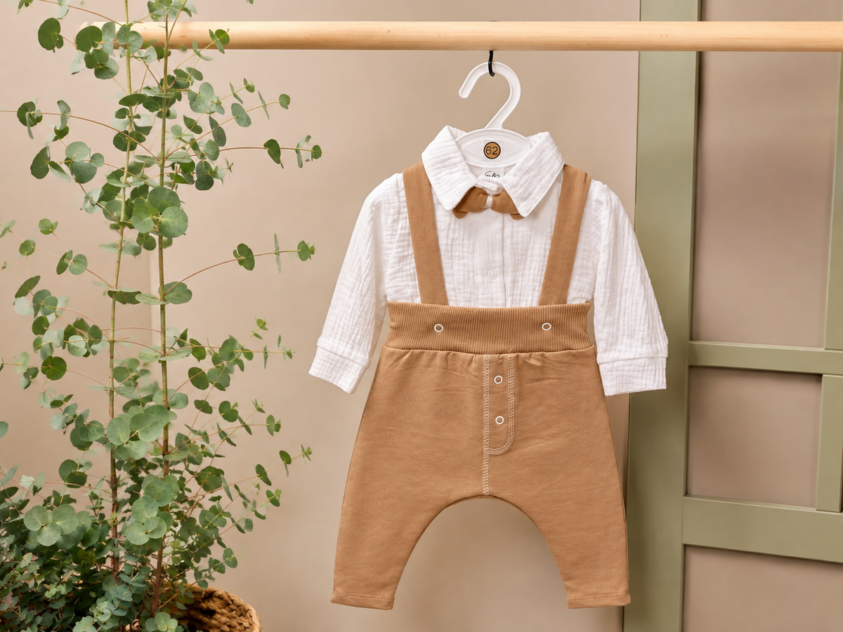 Baby-Set Musselin Body Latzhose Camel – weißer Musselin-Body mit Fliege und camelbrauner Latzhose