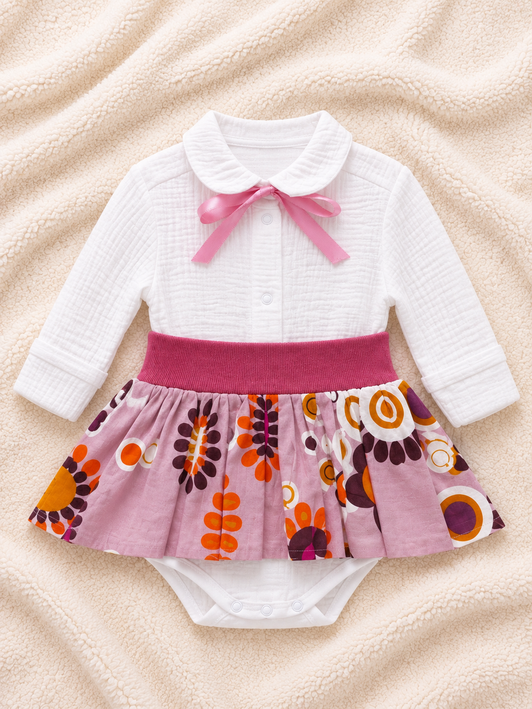 Baby-Musselin-Body in Weiß mit Peter-Pan-Kragen und rosa Schleife, Langarm