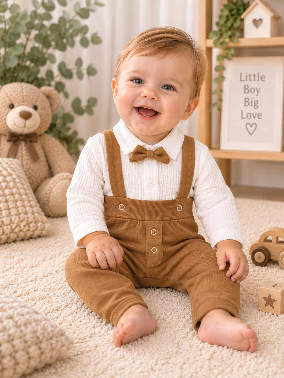 Baby-Set Musselin Body Latzhose Camel – camelbraune Latzhose und weißer Body mit Fliege