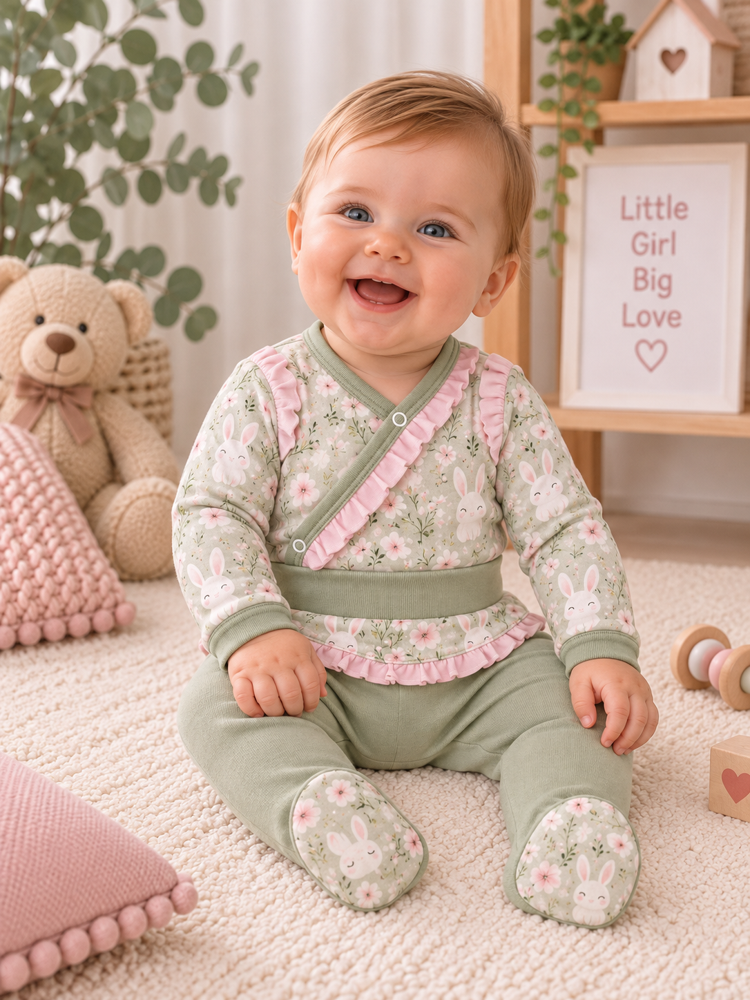 Baby-Set Häschenliebe in Salbeigrün mit Häschen-Print und rosa Rüschen