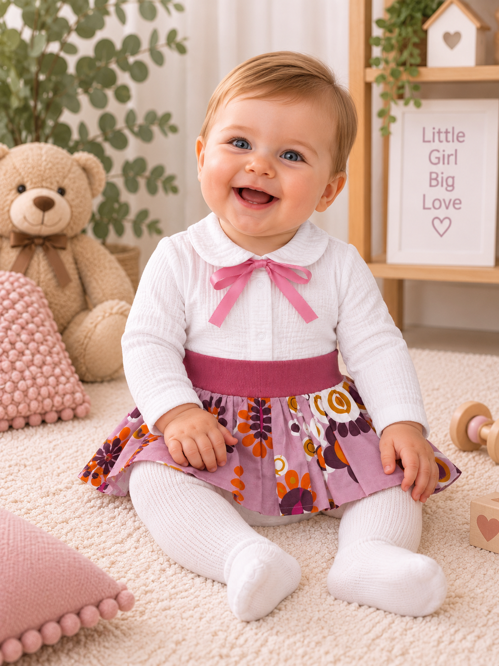 Baby-Mädchen-Musselin-Body in Weiß mit Peter-Pan-Kragen und rosa Schleife, Langarm