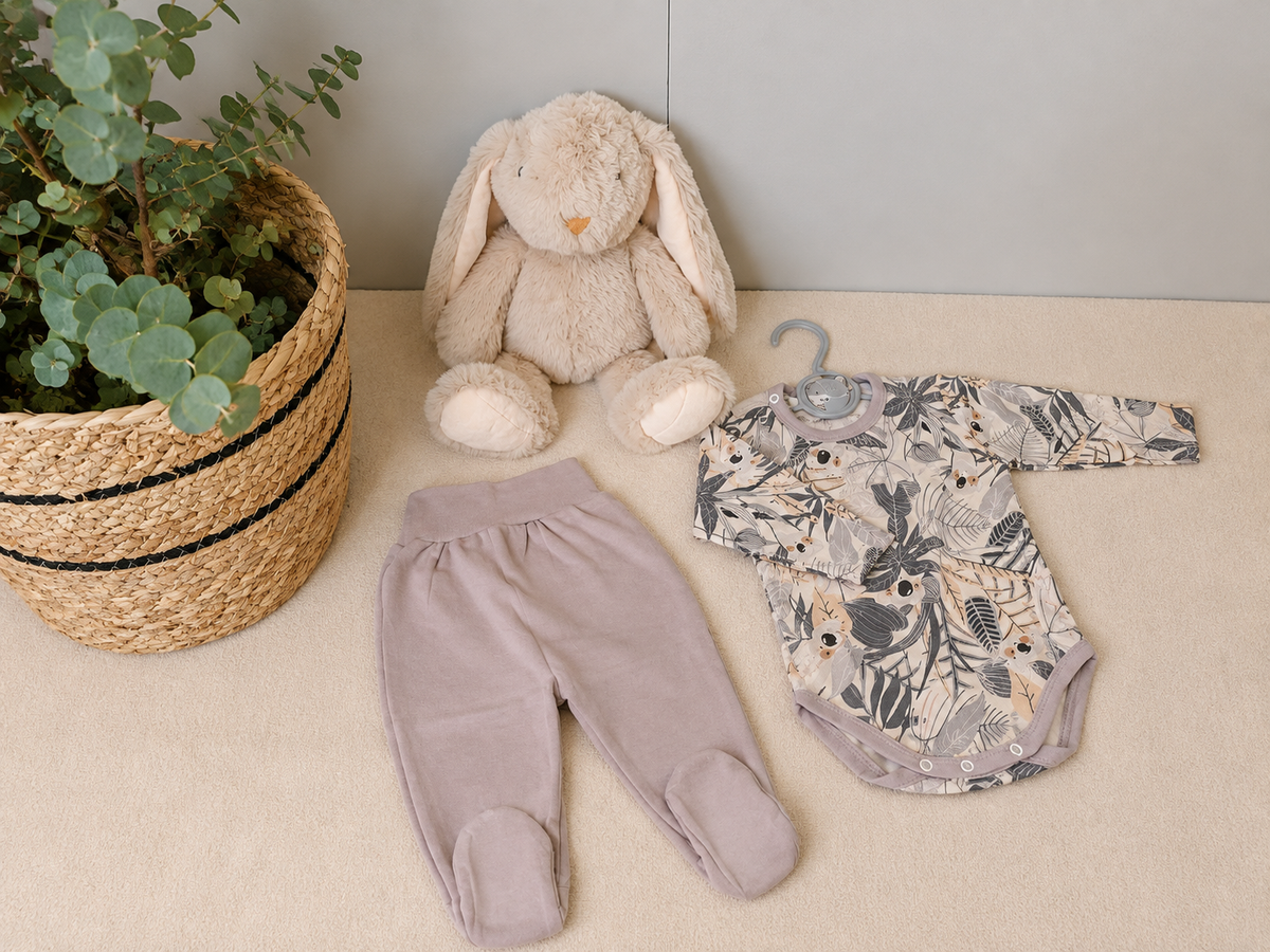 2-teiliges Baby-Set Body & Strampelhose – Jungle-Print Gesamtansicht mit Bügel | Kleiderli