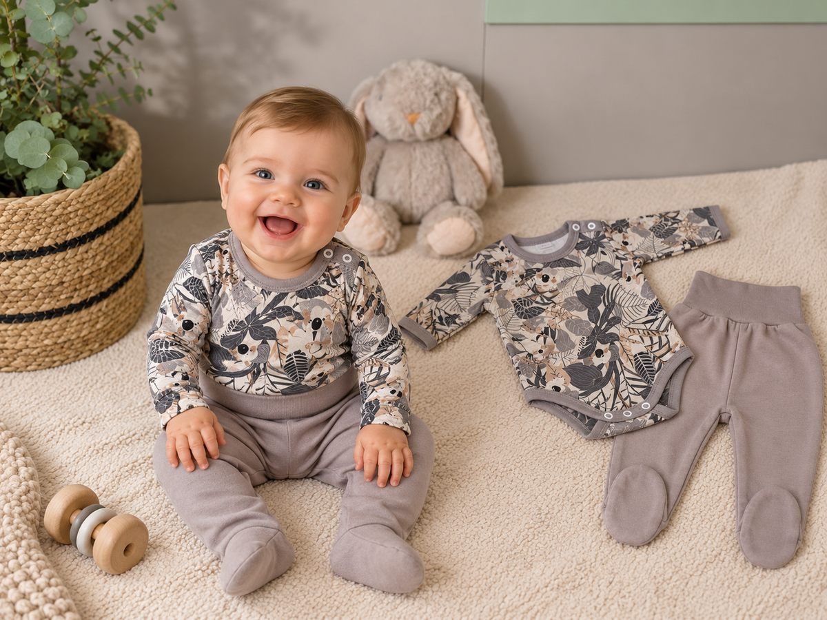 2-teiliges Baby-Set Body & Strampelhose – Jungle-Print Gesamtansicht mit Bügel 